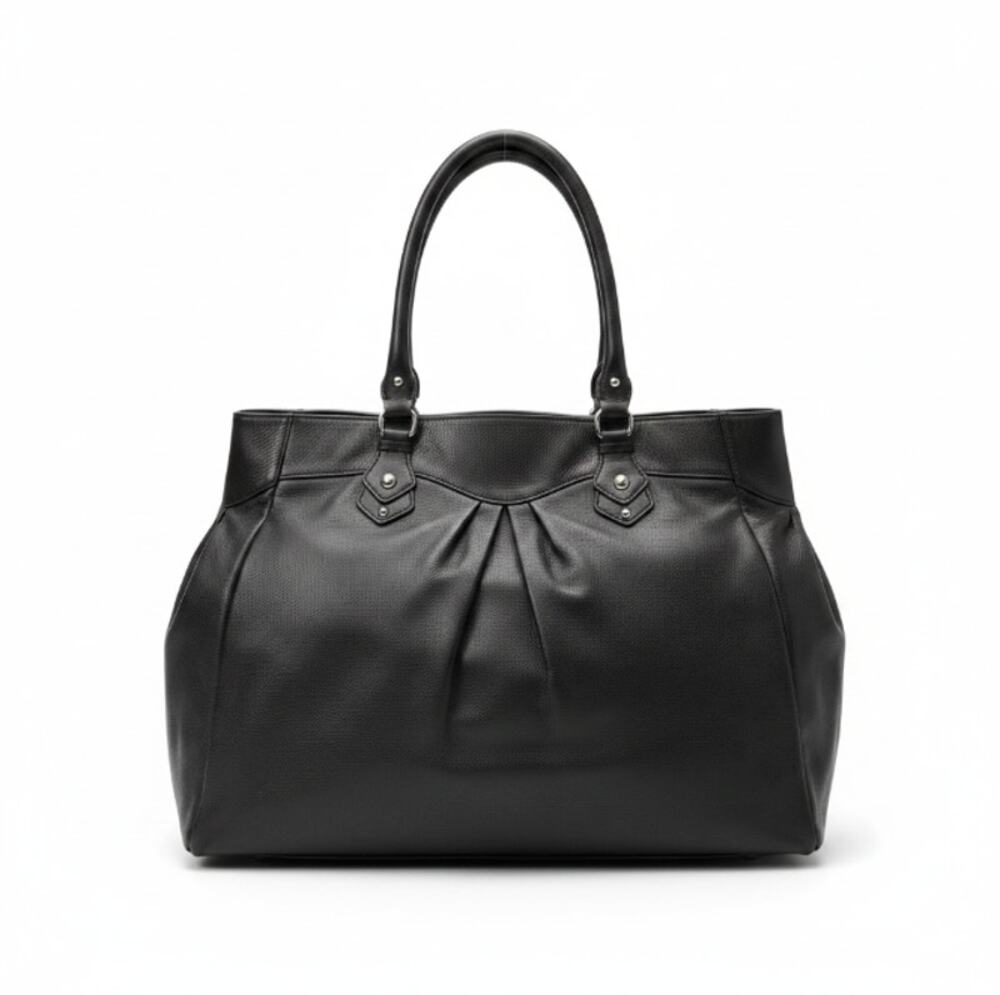 PERLINA NEW YORK Leather Tote Shoulder Bag Black Office Business Timeless Travel